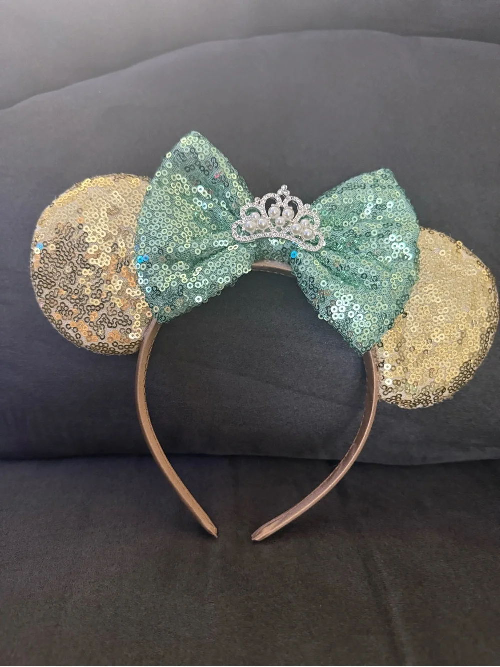 Sequin Mouse Ear Headband with Green Bow and Gold Ears